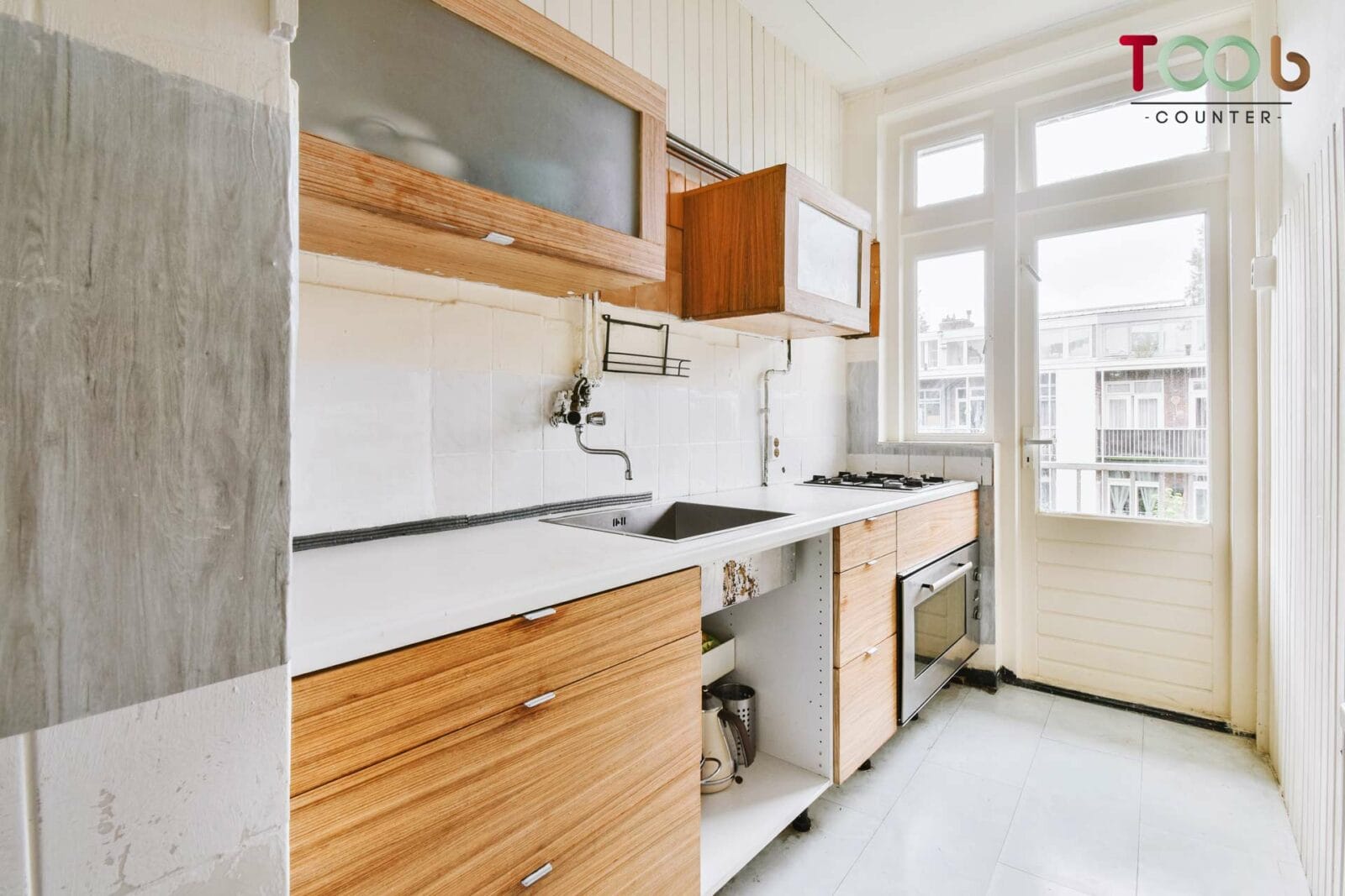 3. Wooden kitchen counter white top