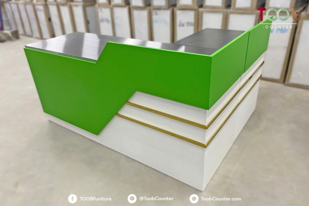 Real product example green laminate countertop stainless cashier counter