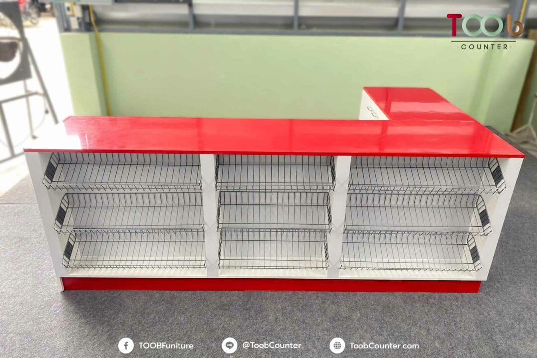 Real product example l shaped checkout counter red laminate